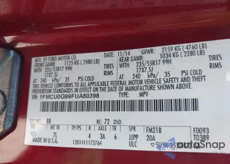 2015 Ford Escape Se from USA, damaged, VIN 1FMCU0G99FUA80398